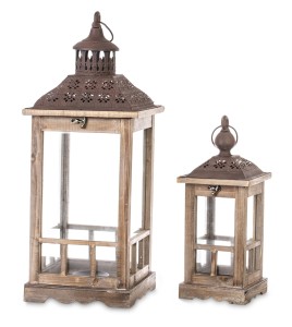 Lampion Drewniany Komplet 2 Szt. Dekoracyjny – Drewno, Metal, Szkło – Brązowy lamp