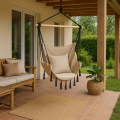 Krzesło brazylijskie, fotel wiszący boho kremowo-czarne  z poduchami 130x140x100cm