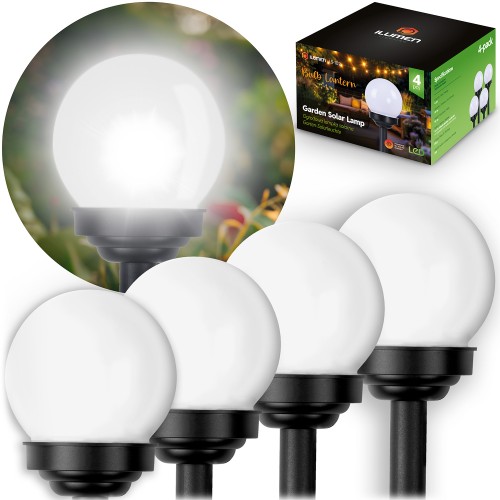 Lampki solarne do ogrodu Ilumen LS‑102 – 4 sztuki – kula dekoracyjna z czarnym trzonkiem – automatyczne podświetlenie nocne
